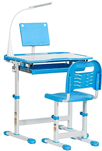 HOMCOM Banco Scuola con Sedia per Bambini 6-12 Anni Altezza Regolabile, Piano Inclinabile a 45° e Lampada LED, Acciaio e MDF, Blu