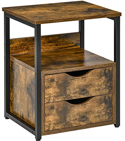 HOMCOM Industrial Side Table with Drawer, Sofa Table, Bedside Cabinet with Storage Shelf, Slim Nightstand for Living Room, Bedroom, Rustic Brown