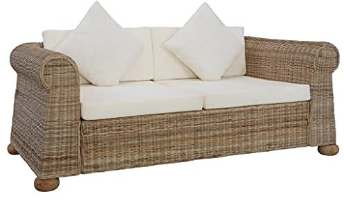Gecheer Divano a 2 Posti con Cuscini, Divano da Esterno 2 Posti, Divano da Giardino in Rattan con Cuscino, Poltrona da Giardino in Rattan Naturale, Colore Cucino: Bianco Crema