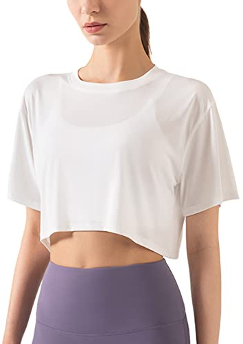 Hanyomo Donna Fitness Allenamento Top Corto Manica Corta Yoga Magliette Atletico Running Magliette Sportive Bianco L