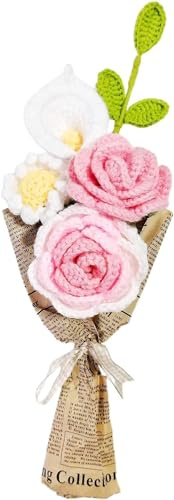 DRYFAL Finito lavoro a maglia uncinetto bouquet di fiori a mano uncinetto bouquet misto fatto a mano fai da te fiore lavorato a maglia rosa girasole margherita fiore artificiale per vaso decorazione