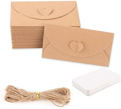 Mini Briefumschläge Set, 30 Stück Kraftpapier Umschläge mit 30 Blanko Karten, und Hanfseil, Kleine Briefumschläge mit Herz Verschluss für DIY, Geschenkkarten(10x6cm)