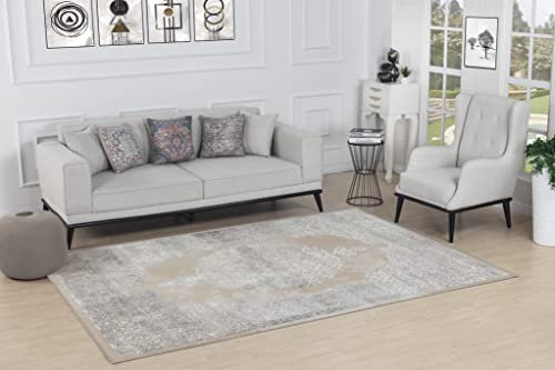 Livabliss Agadir Vintage Teppich Groß - Orientalischer Boho Kurzflor für Wohnzimmer, Esszimmer, Schlafzimmer - 120x170 cm - Einfache Pflege - Muster in Beige, Elfenbein