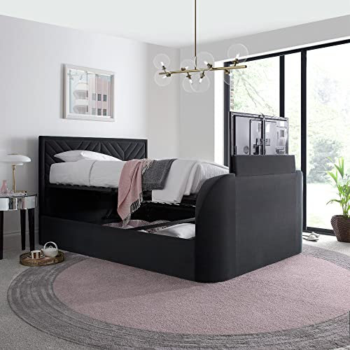 happybeds Ottoman TV Bed, Sherlock Grey Velvet Fabric Ottoman Storage TV Bed, Double, King or Super King Size (King (U.K. Standard))