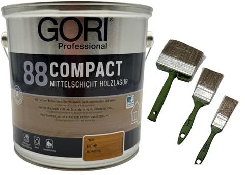 zbs24 Gori 88 Compactlasur eiche 5 Liter Holzschutzlasur, tropfgehemmte Mittelschichtlasur, inkl. 3-teiliges Pinselset zur einfachen Verarbeitung der Lasur