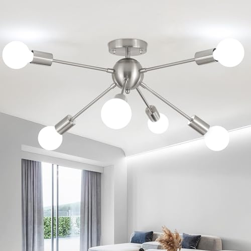 ASHUAQI Lamparas de Techo Salon Níquel, 6 Luces Moderno Lampara Techo Dormitorio Cromo, Base E27 Lámparas de Araña Vintage Lampara Sputnik para Comedor, Cocina, Pasillo, Oficina en Casa
