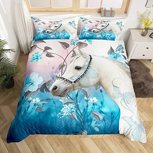 ZZXHG Set Biancheria da Letto Singolo Cavallo Fiore Blu, Copripiumino Singolo 150x200 per Bambini, Copripiumini in Microfibra con Cerniera e 2 Federe 50x80, Copri Piumone Traspirante