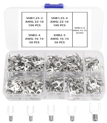 YIXISI 320 Stück M3/M4/M5/M6 Nicht Isolierte Gabel Drahtklemmen Kit, Gabelkabelschuhe Quetschverbinder, Kupfer Lugs Gabel Terminals Stecker, AWG 22–16 16–14 14–12