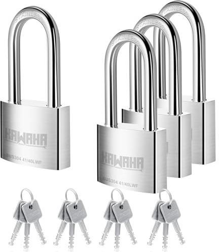 KAWAHA 41/40L-4PS 40 mm langer Bügel, Hochsicherheits-Edelstahl-Vorhängeschloss mit Edelstahlschlüssel für den Innen- und Außenbereich (robust, rostfrei) (40 mm, gleichschließend, L – 4 Stück)