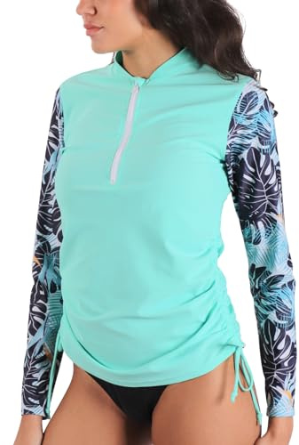 MASOCIO Tee Shirt Anti UV Femme à Manche Longueet et Fermeture éclair 1/4 Vêtements T Shirt Tshirt UPF 50+ Rashguard Wakeboard Maillot de Bain Surf Natation XL Vert