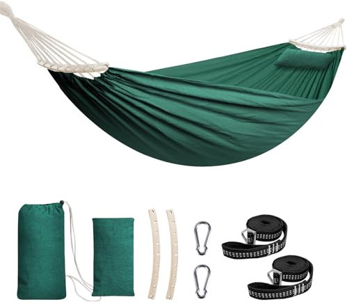 Chihee Hängematte aus Baumwolle Große,weiche,atmungsaktive Camping-Hängematten Hält bis zu 300kg Tragbare Baum-Hängematte mit abnehmbarem Spreizstab Kopfkissen 2 Starke Gurtbänder 2 Karabinerhaken