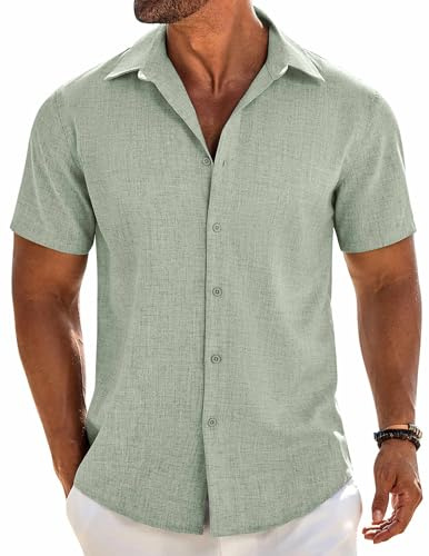 COOFANDY Mens Sage Linen Shirt Short Sleeve Button Down Shirts Summer Beach Dress Shirt