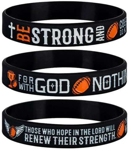 Sainstone Power of Faith Football Bible Verse Silicone Wristbands with Inspirational Scriptures JOSHUA 1:9 LUKE 1:37 ISAIAH 40:31, Sports Party Favors Gifts (3-Pack)
