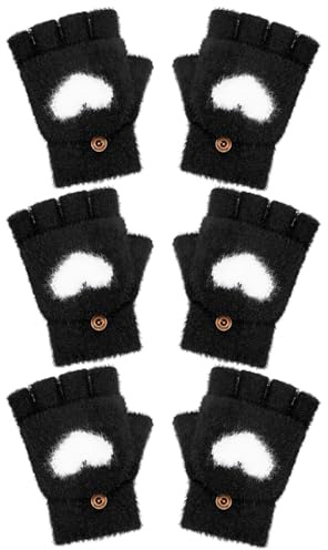 Geyoga 3 Pair Kids Fingerless Gloves for Girls Winter Warm Convertible Flip Top Gloves Heart Half Finger Mitten for Toddler(Black,5-10 Years)