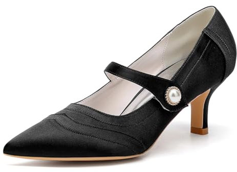 Ladies Satin Mary Jane Strap Pumps Low mid Heel Satin Pearl Court Shoes Pointed Closed Toe Bridal Evening Pumps,Black,6 UK