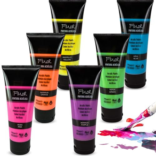 PLAYZOCO Pintura Acrílica Fluorescente, Apta para Artistas Principiantes Niños Manualidades, Usar sobre Lienzo, Madera, Cerámica, Porex, Tela, Secado rápido, Color intenso, Pack 6 botes de 75 ml