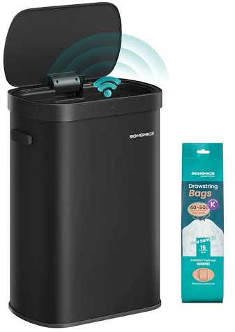 SONGMICS Poubelle de Cuisine Automatique 50 L, Capteur de Mouvement, Ouverture Automatique ou Tactile, Fermeture Douce, Acier, 15 Sacs Poubelle, Noir d'Encre LTB640B02