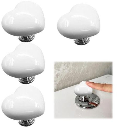 4Pcs Toilet Flush Button,White Plastic Toilet Push Buttons Flush Replacement Pusher Heart Shaped Pattern Water Tank Creative Press for Home Bathroom Decor Women Long Nail,Rounded Surface Comfortable