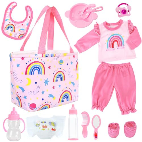 13 Teile Puppenzubehör Puppenkleidung Babypuppe Fütterung und Pflege Set für 18 Zoll und 43 cm Puppe mit Windel Flaschen Puppenkleider Puppenwickeltasche Puppen Zubehör