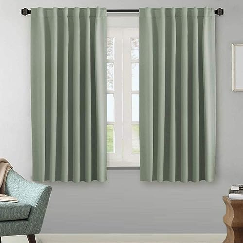 Tenger Home® Tende con passanti e nastro arricciato tenda oscurante decorativa sipario opaco tenda con passanti tenda a nastro (Verde salvia, 100 x 120 cm)