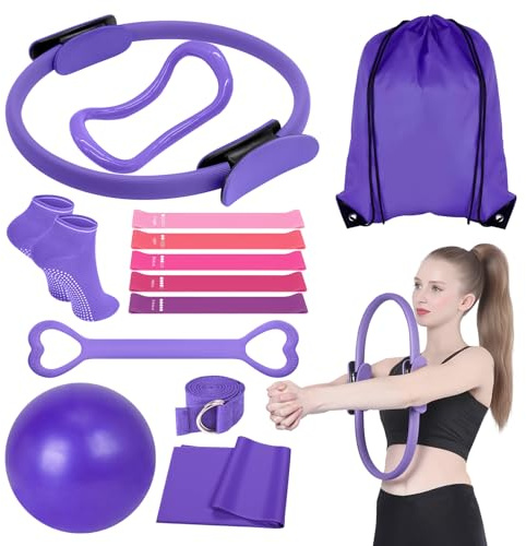 DVDGSC 13 Piezas Pilates Essential Kit: Kit Pilates en Casa Anillo Mágico Bandas y Accesorios para Glúteos Firmes Brazos Definidos - Set Hogar Gimnasio (Purple)
