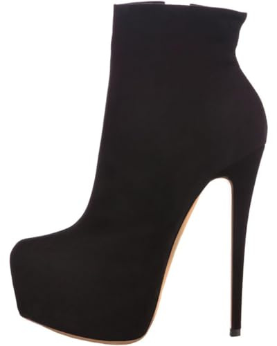 EDEFS Bottes Cheville Femme Stylées à Plateforme Talon Haut Bout Rond avec Fermeture Éclair Talons 15 cm Chaussures de Fête Hiver Casual pour Mariage & Vie Quotidienne Daim Noir EU38