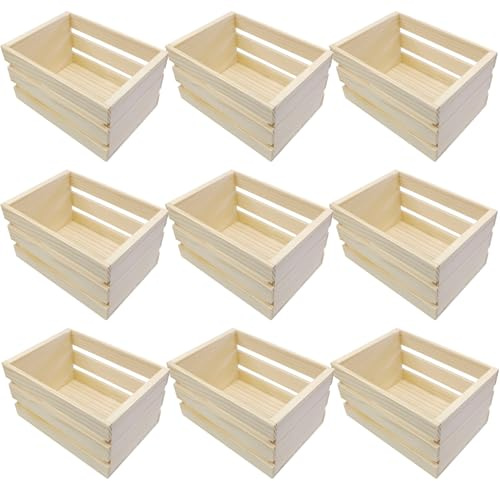Machify Small Wooden Baskets For Crafts And Decor, Open Storage, 9 Pcs Mini Wooden Crates For Storage, Stacking Design, Natural Pine Wood, 4.9 X 3.5 X 2.8 Inches
