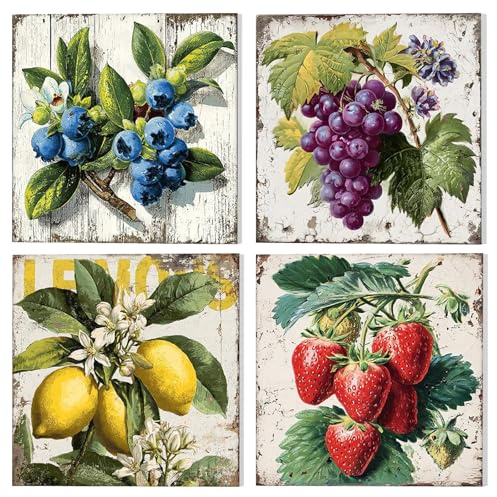 NAIMOER 4 Pack Fruits Paint by Numbers Kits for Adults with Frame, DIY Paint by Numbers on Canvas for Beginners Blueberries, Grapes, Lemons, Strawberries, Art Gifts for Home Decor 20x20cm