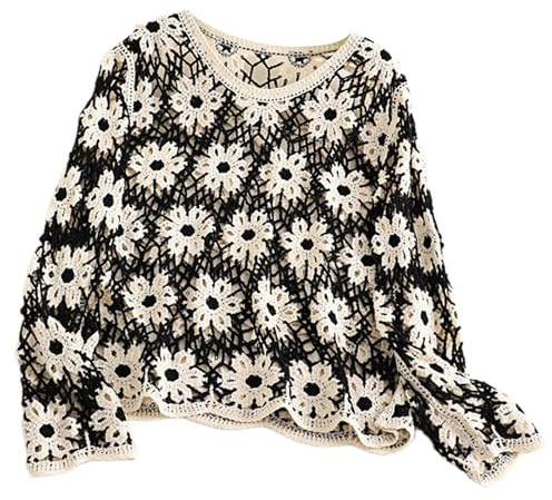 Pull en crochet pour femme - Coupe ample - Motif floral - Style français - Manches longues - Col rond - Haut court - Chemisier creux en crochet