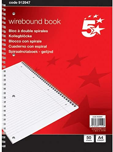 5 Star 912947 Notebook Wirebound 70gsm Ruled and Margin Perforated 50 Sheets, A4 [Pack of 10]