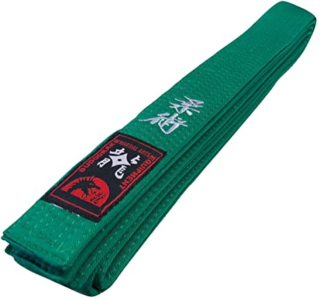 Budodrake Grüngurt Bestickt mit Jiu-Jitsu/Ju Jutsu Schriftzeichen, Bestickung in Silber, grüner Gürtel (300 cm)