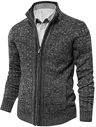 Hombres Suéter Frontal Completa Invierno Manga Larga Cardigan con Cremallera y 2 Bolsillos Gris S