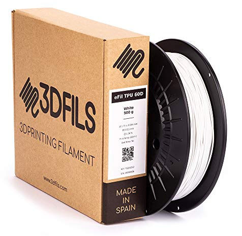 3DFILS - Filamento flexible para impresión 3D eFil TPU 60D: 1.75 mm, 500 g, Blanco