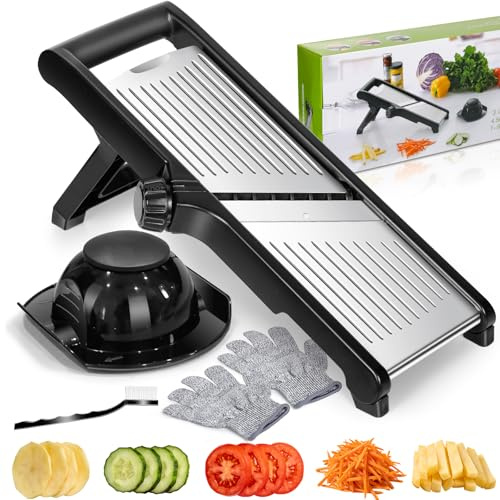 MASTERTOP Mandoline Slicer Adjustable Stainless Steel Food Slicer for Kitchen Vegetable Onion Potato Fruit French Fry Cutter Potato Chip Julienne Slicers with Cut Resistant Gloves