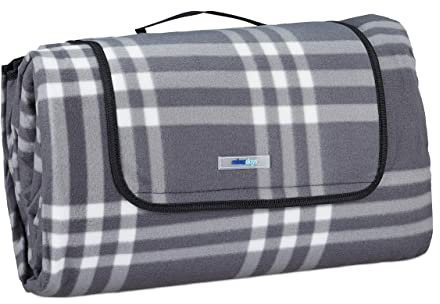 Relaxdays XXL Picknickdecke, 200x300 cm, isoliert, wasserdicht, Karierte Fleece Stranddecke, mit Tragegriff, grau/weiß