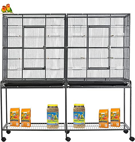 54 Large Double Breeding Flight Bird Wrought Iron Double Parrot Bird Cage Slide Out Center Divider Side Nesting Doors Cockatiel Conure Removalbe Rolling Stand