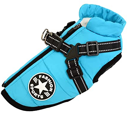 Hundeweste,Hundemantel Wasserdicht,Warme Weste mit Hundegeschirr Winter Warm und weich 9 Farben-Himmelblau M