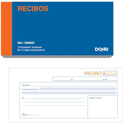 Dohe - Talonaires Reçus de Paiement Duplicata (10 pcs) - Blocs pour Location, Achats ou Paiements, 50 Feuilles avec Copie par Talon, Taille 21x10 cm, Langue Espagnole, Matériel de Bureau