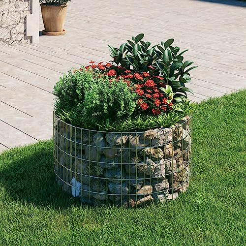 loibinfen Outdoor Garden Round Gabion Basket Cage Planter Stand Patio Backyard Gabion Post Raised Bed Fencing, Circular Gabion Pole Galvanized Steel Ø39.4x19.7