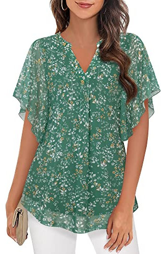 Vafoly Damen Blumen Doppellagige Tunika：Blusen für Frauen mit V-Ausschnitt Damen Bluse Rüschenärmel Blumen Tunika Frauen Büro Casual Business Attire Elegant Doppellagig Mesh Locker Nebelgrün L
