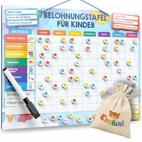 Belohnungstafel für Kinder - [100 Aufgaben + 350 Magnete] - Belohnungssystem für Verantwortung - Family Plan, Montessori Magnettafel, Wochenplaner, Adhs Hilfsmittel - inkl. Tasche, Stift (Weltraum)