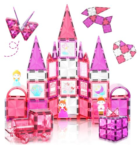 W Wise Block Magnetische Bausteine 101PCS mit Autos, Prinzessin Magnetische Bauklötze, STEM Konstruktionsspielzeug für 3 4 5 6 7 8 Jahre Junge Mädch, Rosa