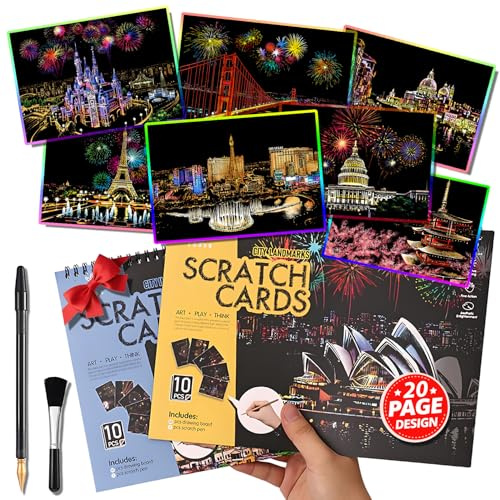 Libro da grattare (A4-20 pagine) per adulti e ragazzi, ASMR per alleviare lo stress, kit da pittura da grattare, punti di riferimento di viaggio e arte incisa, regalo creativo per adulti (serie