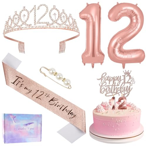 Ainiv 12° Compleanno Corona Oro Rosa, Cake Topper Happy 12th Birthday, Fascia e Tiara per il Compleanno, Candele e Palloncini con Numeri in Oro Rosa, Regali di Compleanno e Decorazioni per Feste