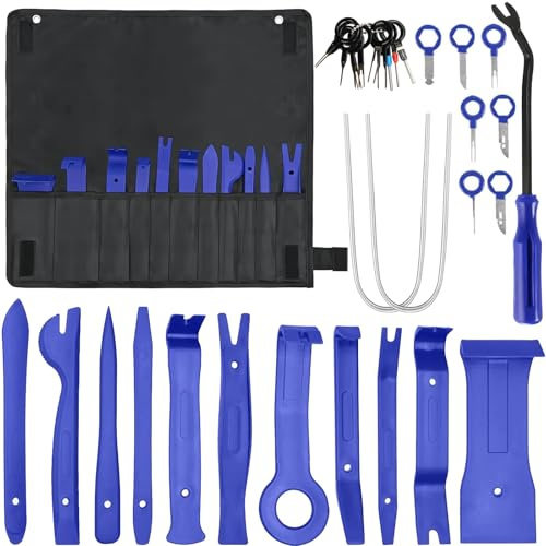 32 Piezas Herramientas Desmontaje Interior Coche con Bolsa, Kit Eliminación Puerta Coche, Extracción Palanca Plastico, Desmontar Interiores Automóvil para Audio, Radio, Salpicadero, Panel (Azul)