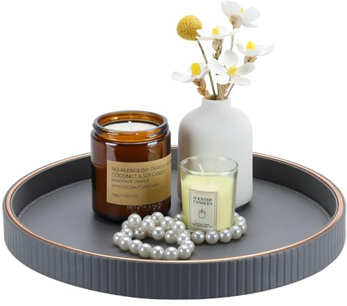 KINGFOM Round Tray, Candle Plate, PU Leather Large Tray Perfume Plate, Coffee Table Decor, Decorative Serving Trays Dining Table Accessories, 30 cm (Gray)