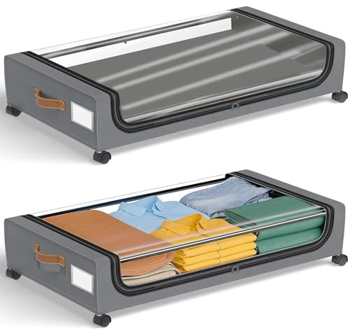 ANTREATU 2-Pack Under Bed Storage Box with Lid ＆ Wheels - 48L Rolling Steel Frame Underbed Containers Underbed Storage Boxes for Clothes, Blankets, Shoes | Space Saving Design (Grey)