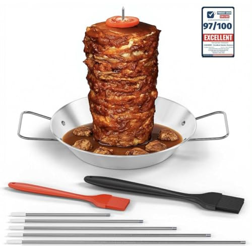 Premium Vertical Gyro spit skewer for grill Smoker Trompo Roast Shawarma pan for oven Machine Para Taco Al Pastor catch Indoor fire, beer can holder, BBC Chargrills Meat tower bbq chef Spikes Plate
