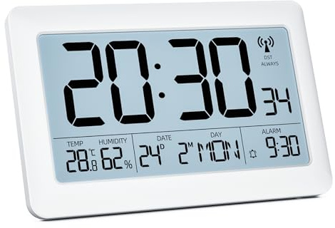 LATEC Orologio, Sveglia Digitale Radio Controllata con Ampio Schermo LCD da 7,5 - Orologio Digitale a Batteria con Temperatura/Umidità/Calendario - Sveglia/Funzione Snooze – Retroilluminazione