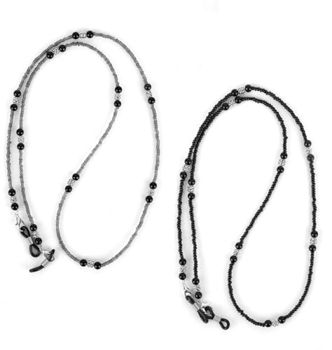 Mikovivi 2 Pezzi Catena per Occhiali con Perline Donna, Cinturino Occhiali Porta Collana con Cordino Intorno al Collo Accessorio per Alla Moda Regalo (Nero, Grigio)